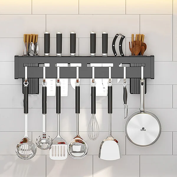 Stainless steel knife holder, multi-functional kitchen knife holder, wall-mounted knife holder with hook, non-hole mounting