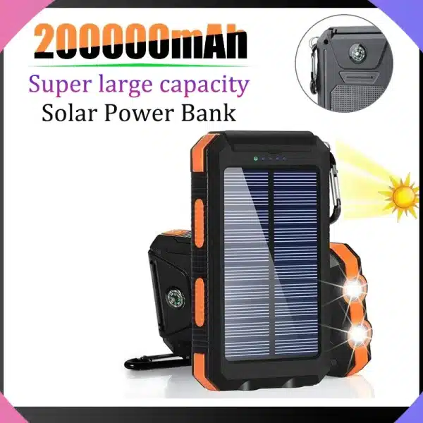 Solar Power Bank Super Large Capacity 200000mah Portable Waterproof Fast Charging External Battery Power Super Bright Flashlight