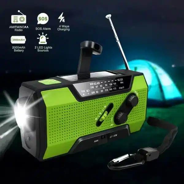 Emergency Weather Radio NOAA/AM/FM with 2000mAh Portable Power Bank USB/Solar/Hand Crank Charging, Battery Operated, SOS Alarm