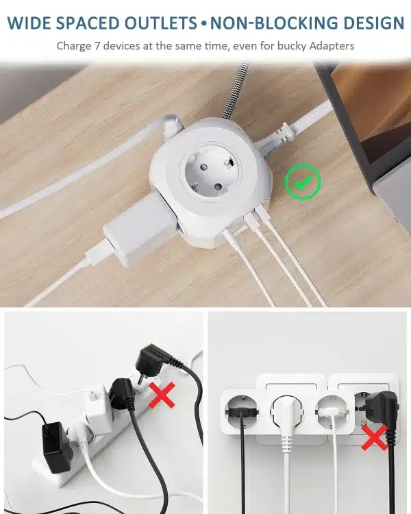 LENCENT Flat EU Plug Power Strip Cube with 4AC Outlets +2 QC3.0 USB+ 1Type C PD20W Fast Charging 2M/3M Braided Cable For Home - Image 3