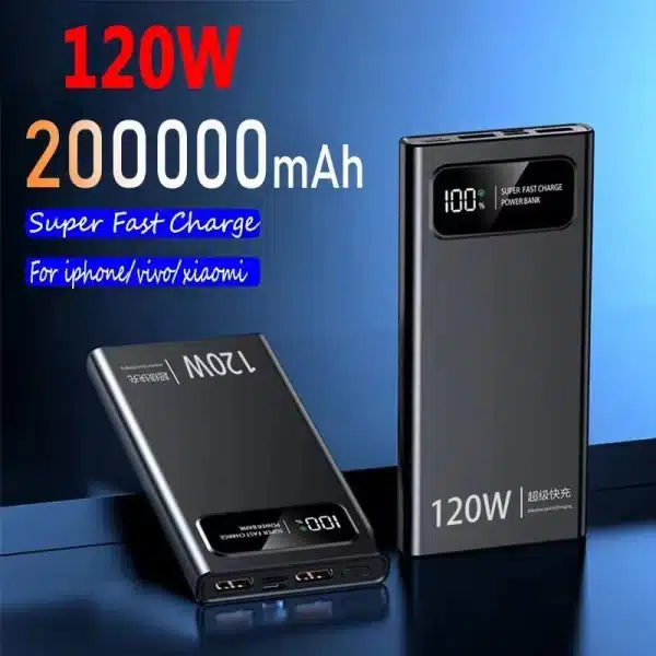 200000mAh 120W Power Bank Super Fast Charge Battery Ultralarge Capacity With Digital Display Power Bank For iPhone Xiaomi Huawei