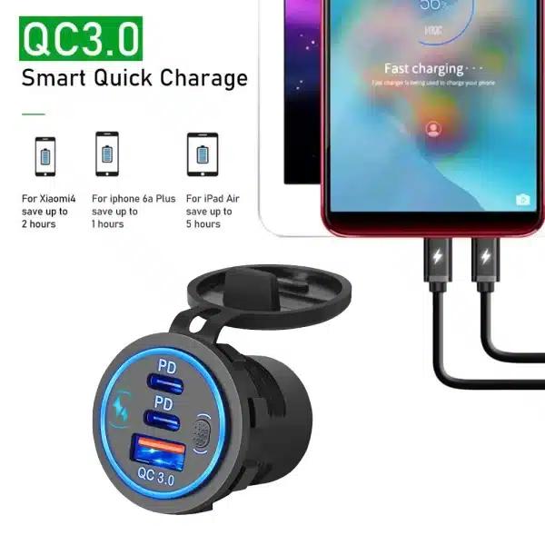 3 Ports Quick Charge Dual PD & QC 3.0 112W Aperture Car Charger Outlet Socket For 12V 24V Motorcycle Boat Marine Truck ATV - Image 2