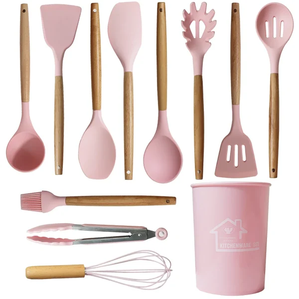 12Pcs Pink Silicone Kitchen Utensils Spatula Shovel Spoon Cooking Tool Non-Stick Wood Handle Kitchen Gadgets with Storage Bucket