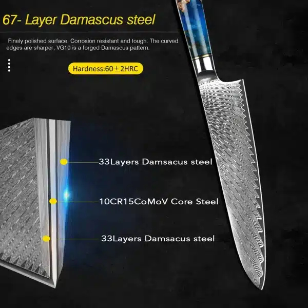 Damascus Steel Kitchen Knives VG10 Chef Paring Bread Knife Chef Knife Sharp Japanese Santoku Knife Resin Wood Handle Set - Image 2