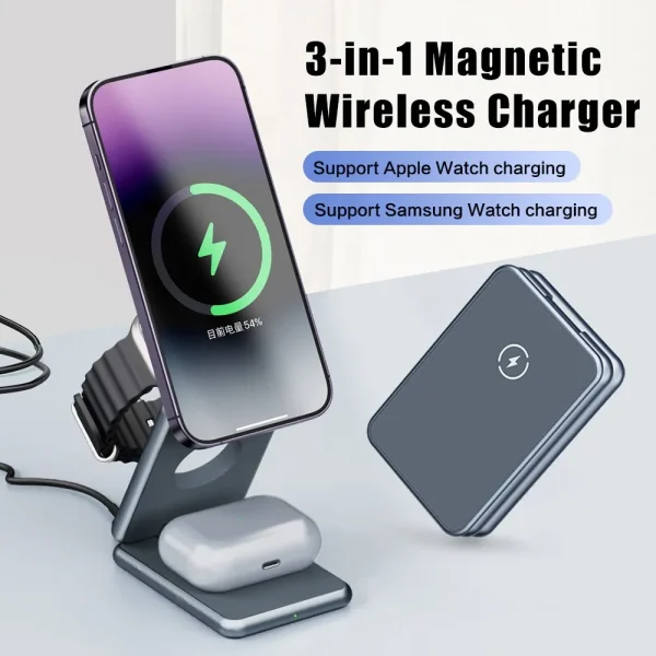 3 in 1 Portable Wireless Charger Stand Dock For Samsung Watch Apple Watch 8 7 For iPhone 14 13 12 Foldable Fast Charging Station