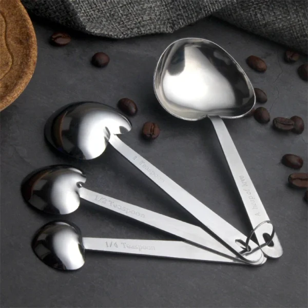 4pcs/set Measuring Spoon Multifunction Kitchen Baking Gadget Cup Coffee Scoop Stainless Steel Love-shaped Utensils Accessories