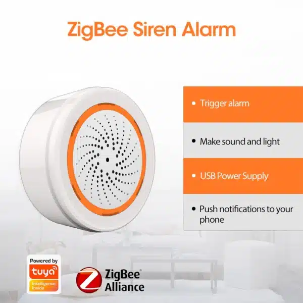 Coolcam Tuya Zigbee Smart Siren Alarm For Home Security with Strobe Alerts Support USB Cable Power UP Works With TUYA Smart Hub - Image 2