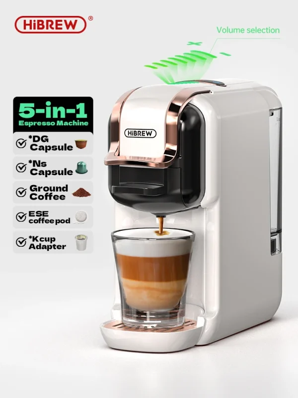 HiBREW 5 in 1 Multiple Capsule Coffee Machine Hot/Cold DG Cappuccino Nes Small Capsule ESE Pod Ground Coffee Cafeteria 20Bar H2B