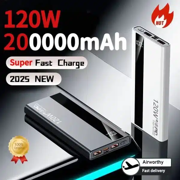 200000mAh 120W Super Fast Charge Power Bank High Capacity Portable Spare External Battery For iPhone 14 15 Huawei Samsung Xiaomi