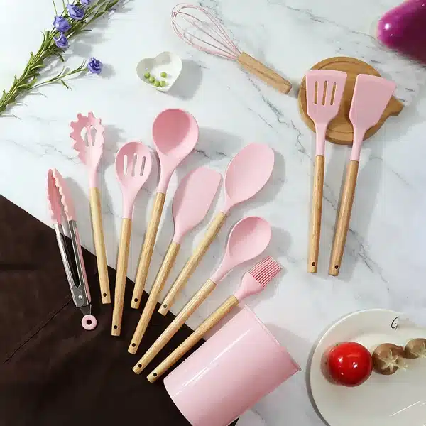 12Pcs Pink Silicone Kitchen Utensils Spatula Shovel Spoon Cooking Tool Non-Stick Wood Handle Kitchen Gadgets with Storage Bucket - Image 2