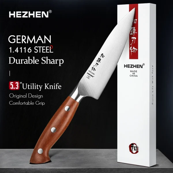 HEZHEN 5.3 Inches Utility Knife 1.4116 steel Red Wood Handle Cook Tools Core Blade Kitchen Knife Accessories Box Packing