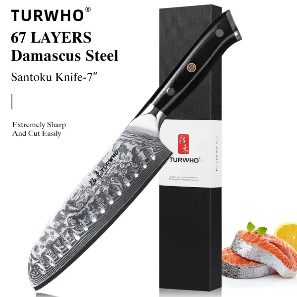 TURWHO 7" Japanese Style Santoku Knife Damascus Steel Professional Chef Knife Slicing Meat Cleaver Beef Kitchen Cooking Tools