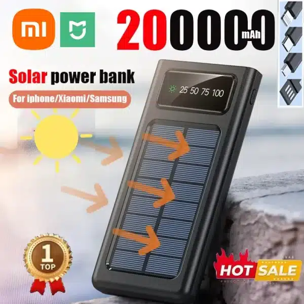 Xiaomi 200000mAh Solar Power Bank Built Cables Solar Charger 2 USB Ports External with LED Light Super Fast Charger Power Bank