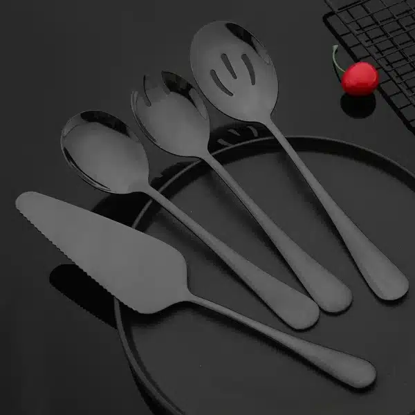 Black Stainless Steel Dinnerware Set Flatware Soup Spoon Colander Spoon Service Spoon Salad Fork Cake Spatula Kitchen Tableware - Image 4