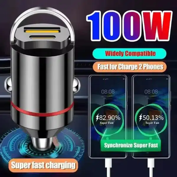 100W Dual Ports USB Car Charger Fast Charging Car Phone Charger Adapter For iPhone Xiaomi Samsung Type C Car Cigarette Lighter