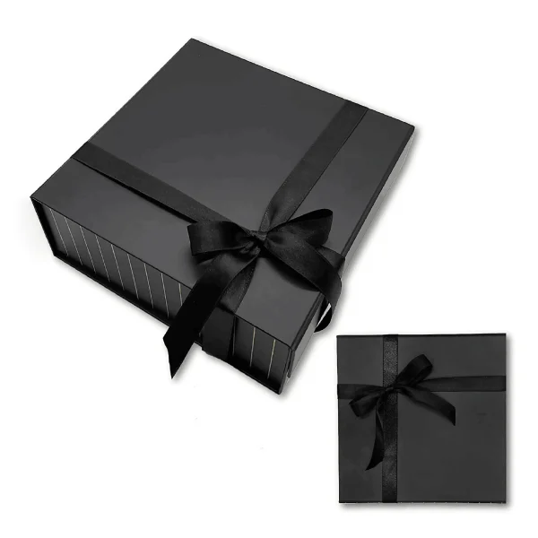 Foldable magnetic gift box, hard cardboard, recyclable paper, luxurious custom logo, black color