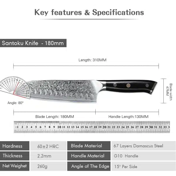 TURWHO 7" Japanese Style Santoku Knife Damascus Steel Professional Chef Knife Slicing Meat Cleaver Beef Kitchen Cooking Tools - Image 6