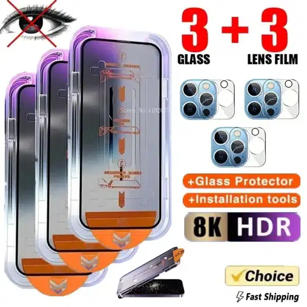 6in1 Privacy Tempered Glass Dust free Installation Screen Protector for IPhone 15 14 13 12 11 Pro Max Plus Anti-Spy Camera Glass