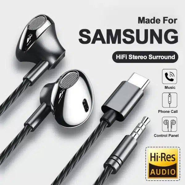 USB Type C Headphone HiFi Bass Stereo Volume Control Mic 3.5mm Wired Earbuds For Galaxy S24 S23 S22 S21 Ultra iPhone 15 Pro Max