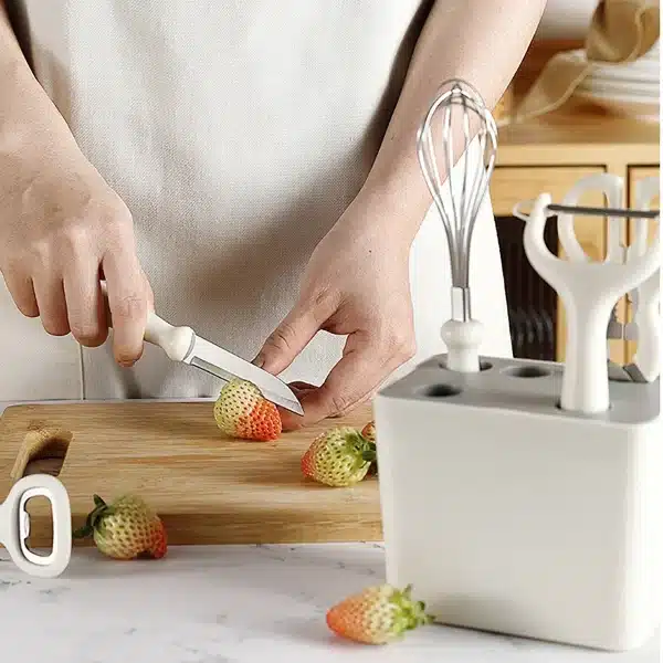 6 Piece White Fruit Knife Set Gourd Shaver Kitchen Scissors Bottle Opener Egg Beater with Storage Seat Home Kitchen Gadget Set - Image 4