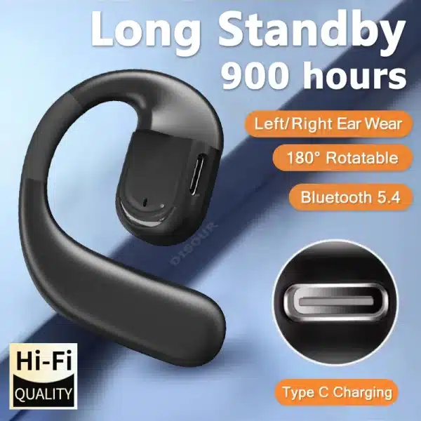 Bluetooth 5.4 Business Earphone Wireless Single Headphone with HD Mic Ear Hook HiFi Stereo Music Earbud for Xiaomi Samsung Phone