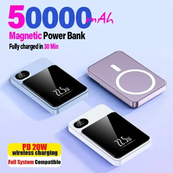 50000mAh Wireless Magnetic Power Bank 22.5W Fast Charging Portable Battery Charger For iPhone Huawei Samsung Xiaomi 2024 New