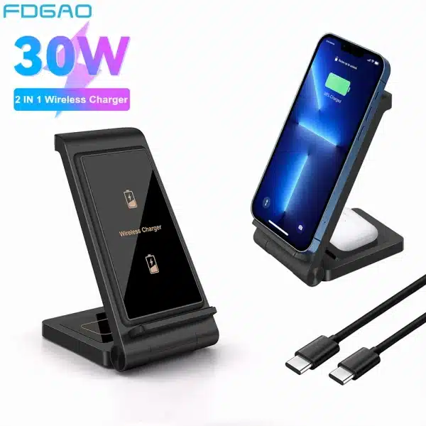 2 in 1 30W Dual Seat Wireless Charger for Samsung S24 S23 Fast Charging Stand For IPhone 15 14 13 12 11 XS XR X 8 Airpods 3 Pro