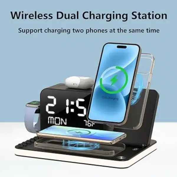 Newest Dual iPhone Wireless Charging Station 7 in 1 Fast Charger Stand with Clock Night Lights for Apple Watch iPhone 16/15/14