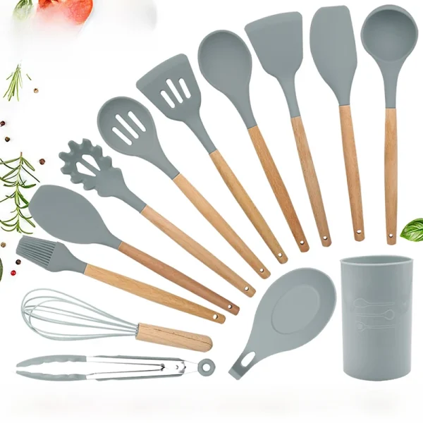 12 Pcs Spatula Set with Holder Silicone Kitchen Utensils Set with Stainless Steel Handle Kitchen Gadgets