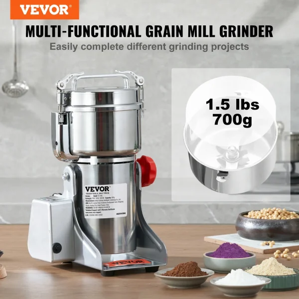 VEVOR Electric Grain Mill Grinder Stainless Steel Pulverizer Powder Machine for Dry Herbs Grains Spices Cereals Coffee Corn - Image 2