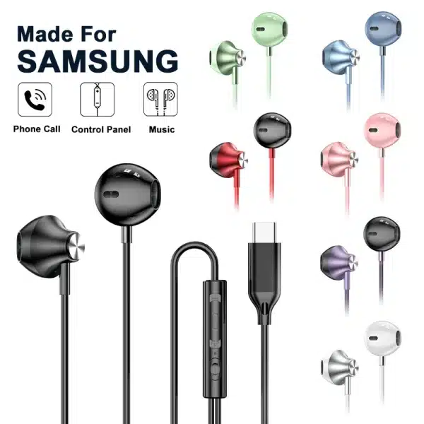 USB Type C Headphones HiFi Bass Stereo Volume Control Music 3.5mm Wired Earbuds With Mic For Galaxy S24 Ultra iPhone 15 Pro Max