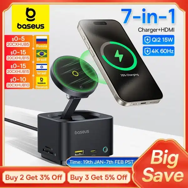 Baseus Magnetic Wireless Charger for iPhone 16 15 Pro Max MagSafe Qi2 15W Fast PD USB Hub 4K 60Hz USB 3.1 SD TF Phone Charger