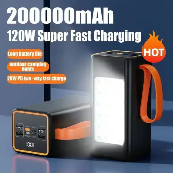 120W Super Fast Charging 200000mAh Power Bank for Iphone 15 Pro Max Laptop LED Light Powerbank Portable External Battery Charger