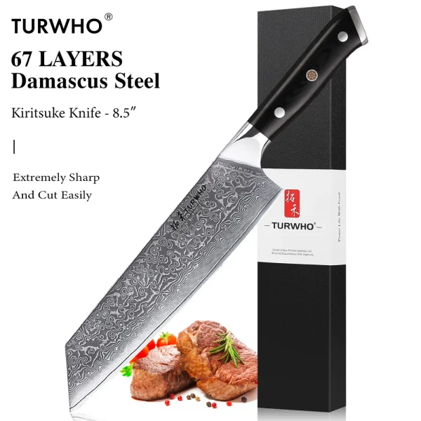 TURWHO 8.5" Japanese Style Kiritsuke Chef Knife 67 Layer Damascus Steel Slicing Meat Cleaver Beef Professional Kitchen Knives