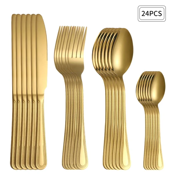 24pc Stainless steel gold cutlery set knife fork spoon steak knife fork dessert fork spoon retro suitable for restaurant kitchen