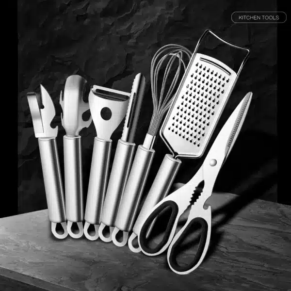 7Pc Kitchen Gadget Set Stainless Steel Multi-purpose Kitchen Grater, Whisk, Can Opener, Pizza Cutter, Peeler, Bowl Dish Pan Clip - Image 2