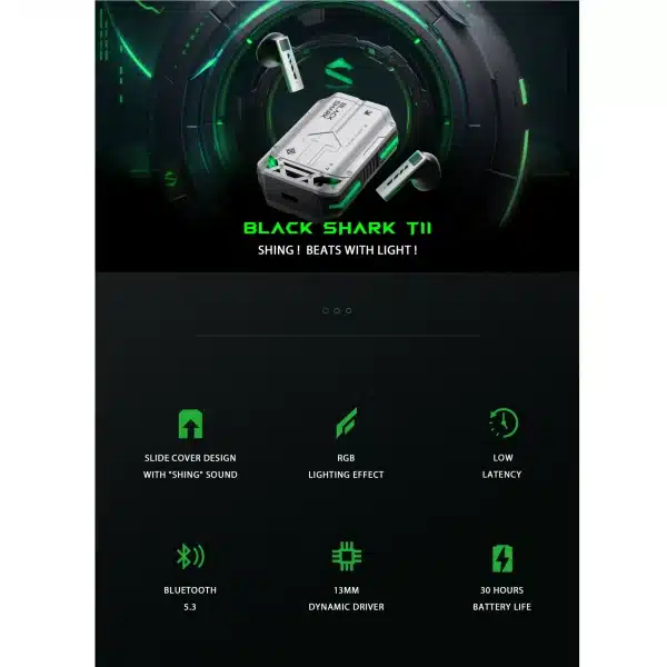 Black Shark T11 TWS Wireless Earbuds with Active Noise Cancellation, Bluetooth 5.3, 30 Hour Battery Life, RGB Light, Low Latency - Image 2