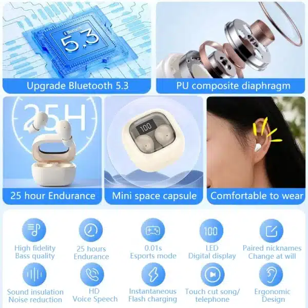 SK Small Headphones Wireless Bluetooth Headset Sports Sleeping Invisible Earbuds Noise Reduction HD Bass Sound Quality Earphones - Image 5