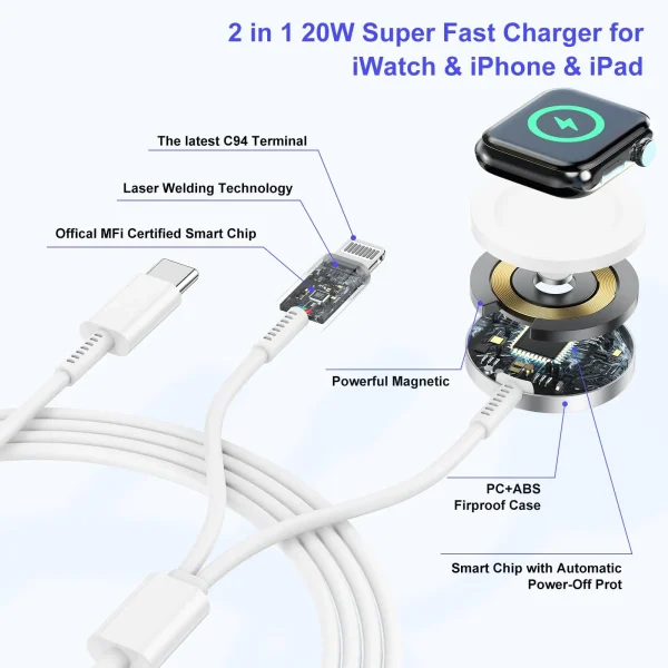 2 in 1 USB Type C to Lightning 20W Fast Charger Cable for Apple iPhone 14 13 11 Magnetic Wireless Charging for Apple Watch 6 5 4 - Image 4