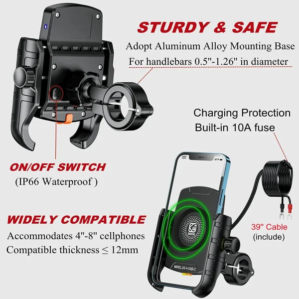 Waterproof Motorcycle Phone Holder QC3.0 USB-C Qi Wireless Charger Mount Phone Stand Mirror USB Charger 360 Support for Moto - Image 3