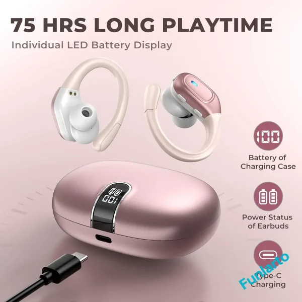 Funlarto Wireless Headphones Sport Bluetooth Earphones IPX7 Waterproof Earbuds 75 Hrs Battery with Mic LED Power Display for Gym - Image 3