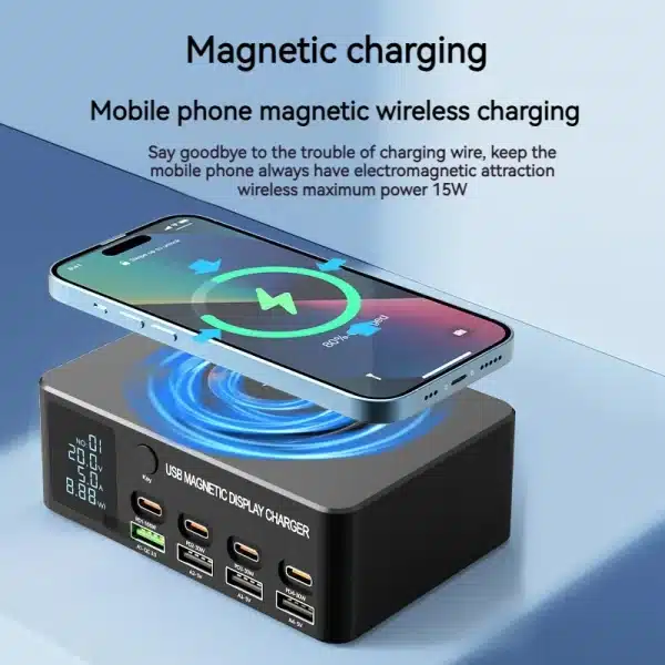 140W Multi 8 Port USB Charger With 15W Magnetic Wireless Charging PD 100WQC 3.0 LCD Display Station For Notebook Laptop Phone - Image 5