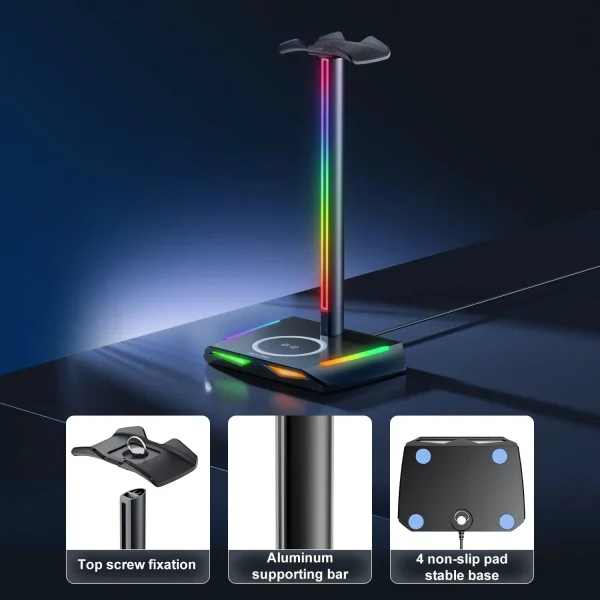 New Bee Z12 RGB Headset Stand Holder with Wireless Charger Base Desk Gaming Headphones Holder Non-Slip Rubber Base - Image 6