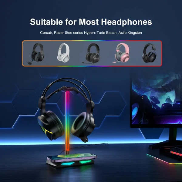 New Bee Z12 RGB Headset Stand Holder with Wireless Charger Base Desk Gaming Headphones Holder Non-Slip Rubber Base - Image 2