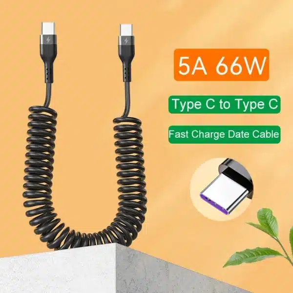 USB Type C 66W Car 5A Fast Charging Type C to Type C Spring Telescopic Cable For iPhone 15 Samsung Huawei Xiaomi Redmi OnePlus - Image 2