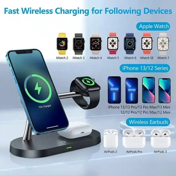 3 in 1 Wireless Charger Stand Magnetic For iPhone 12 13 14 15 Fast Charging Station for Apple Watch 9 8 7 6 5 Airpods 2 3 Pro - Image 2